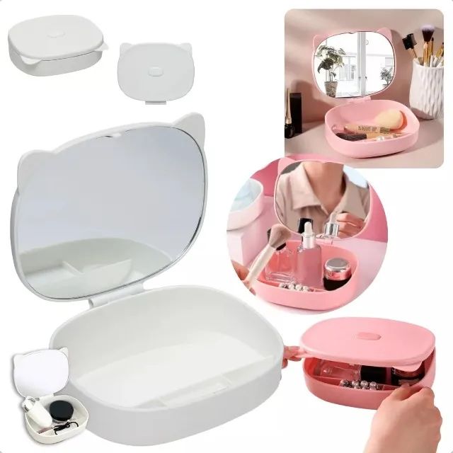 Estojo Maquiagem Organizador Com Espelho Gatinho - Foto 3