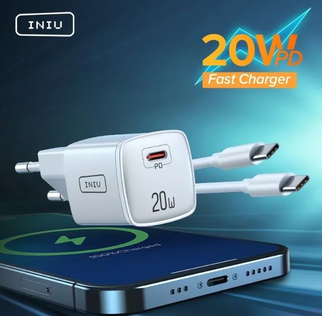 Carregador turbo Iniu usb c 20w + Cabo de 1M tipo C ou lightning