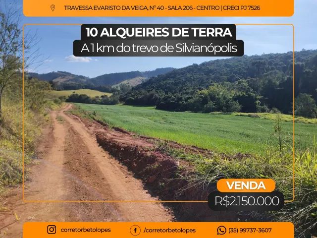 10 alqueires de terra a 1 km do trevo de Silvianópolis - MG 