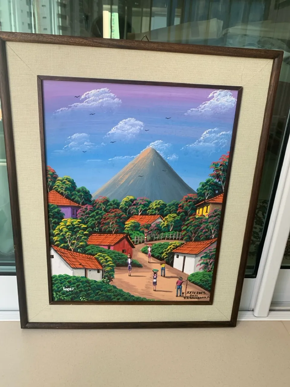 Quadro Pintura de Paisagem Vila e Vulcão