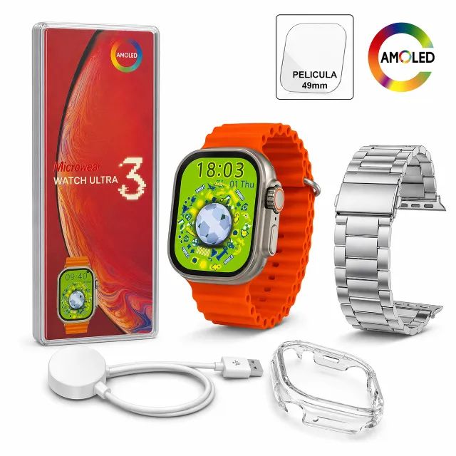 Smartwatch Relógio Inteligente Ultra 3 Microwear 49mm Amoled Ultra 9 Pulseira Metal