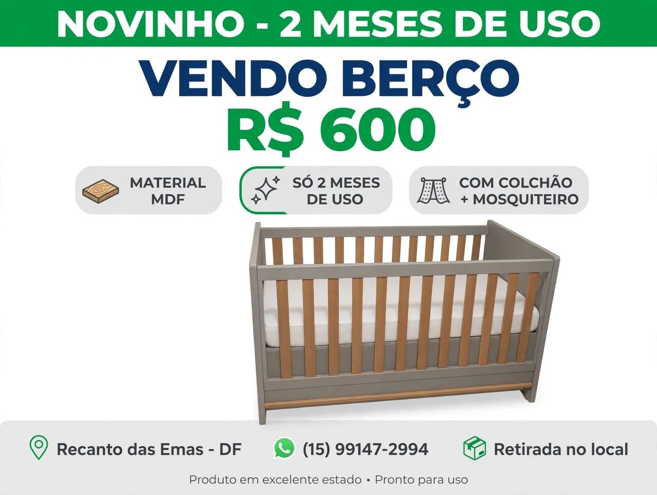 Berço Bebê MDF Cinza com Madeira - Só 2 Meses de Uso + Colchão e Mosquiteiro