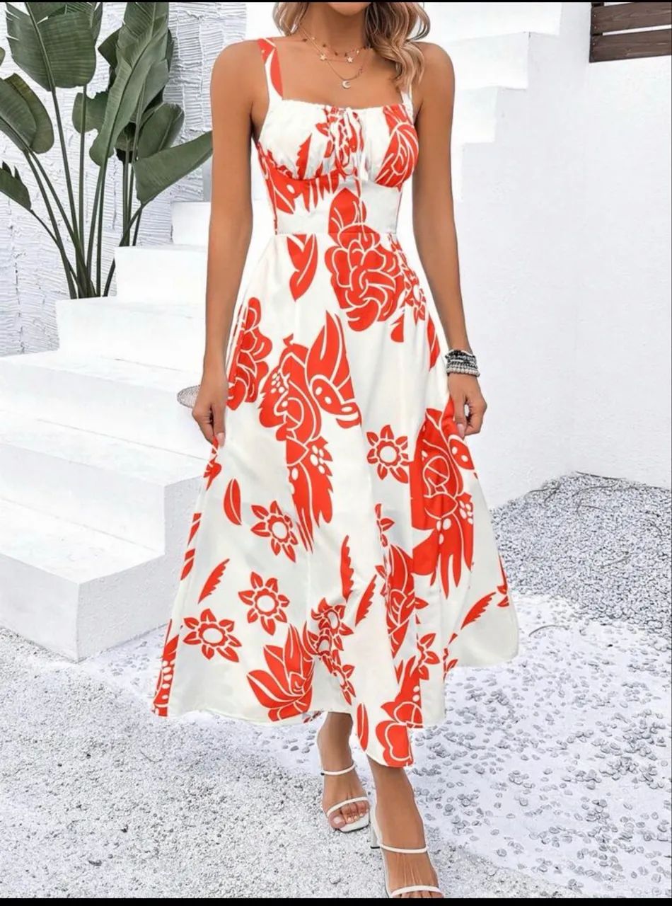 VESTIDO MIDI BRANCO COM LARANJA - Foto 2