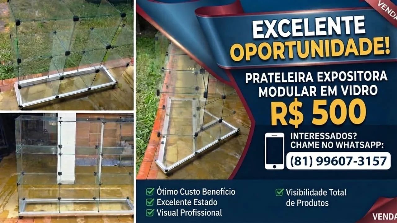 Prateleira expositora modular em vidro 