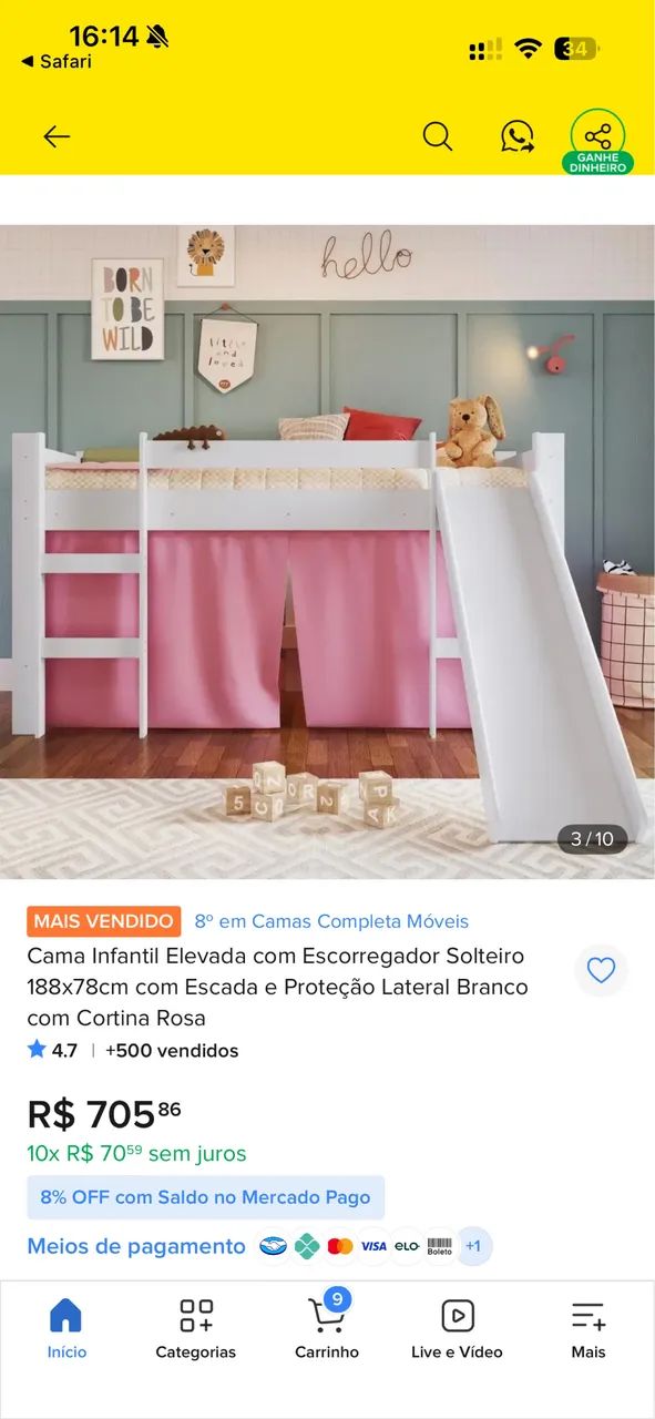 Cama infantil elevada com escorregador