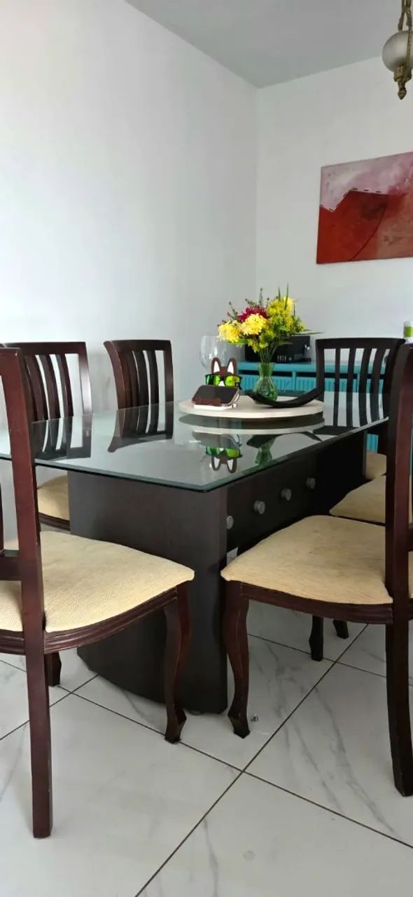 Mesa de jantar 6 cadeiras tampo de vidro 