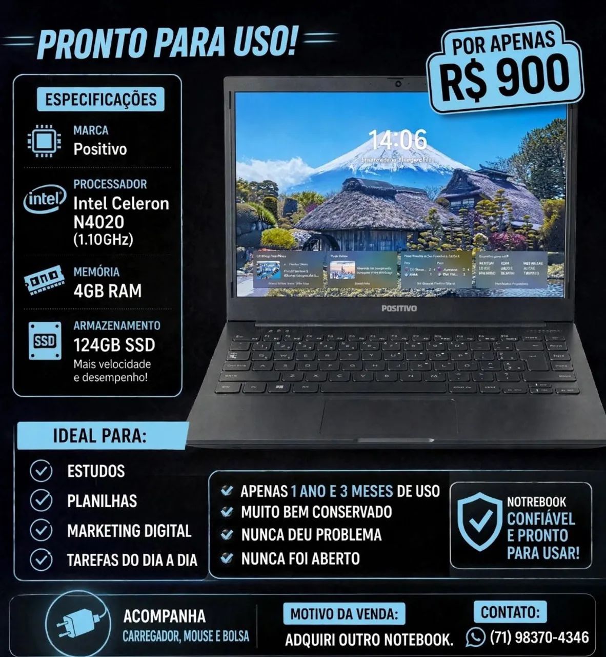 Notebook Positivo - Intel Celeron N4020 / 4GB / SSD 124GB