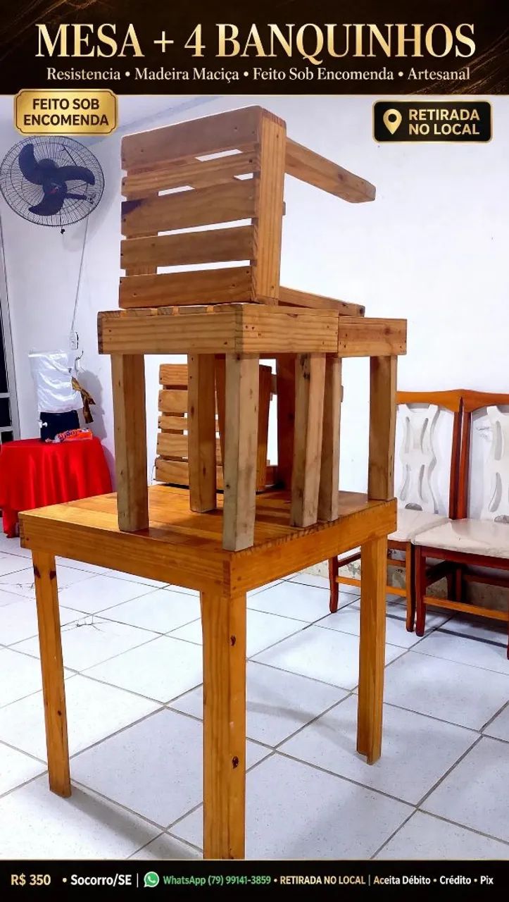 MESA + 4 BANQUINHOS DE MADEIRA MACIÇA - FEITO SOB ENCOMENDA