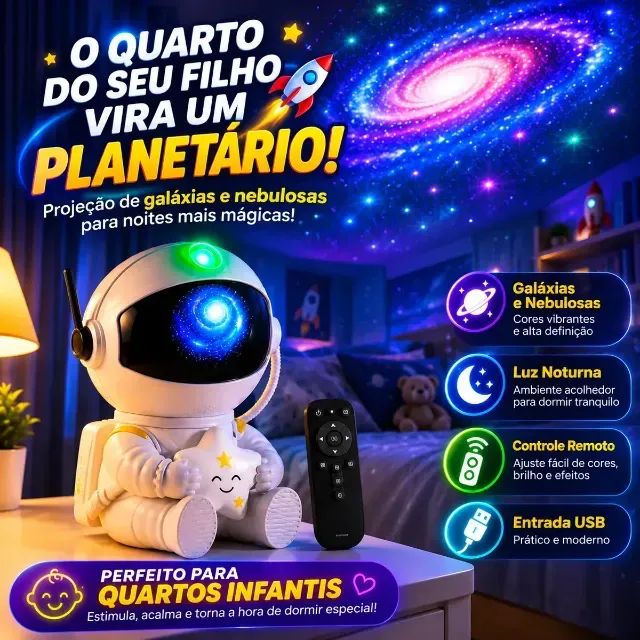 Luminária Astronauta Projetor Led Infantil Galáxia Estrela