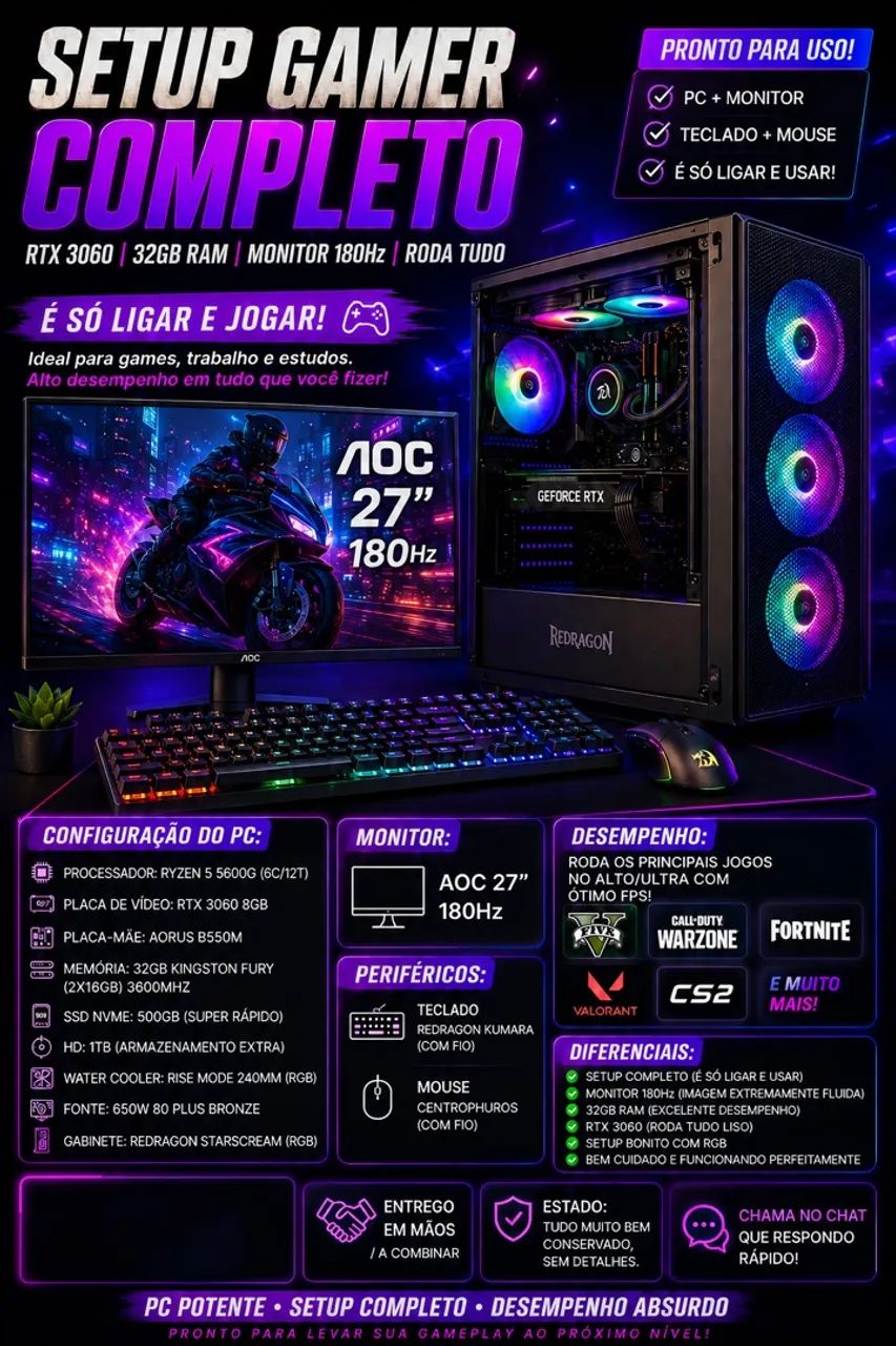 Pc gamer completo, cadeira gamer vai de brinde