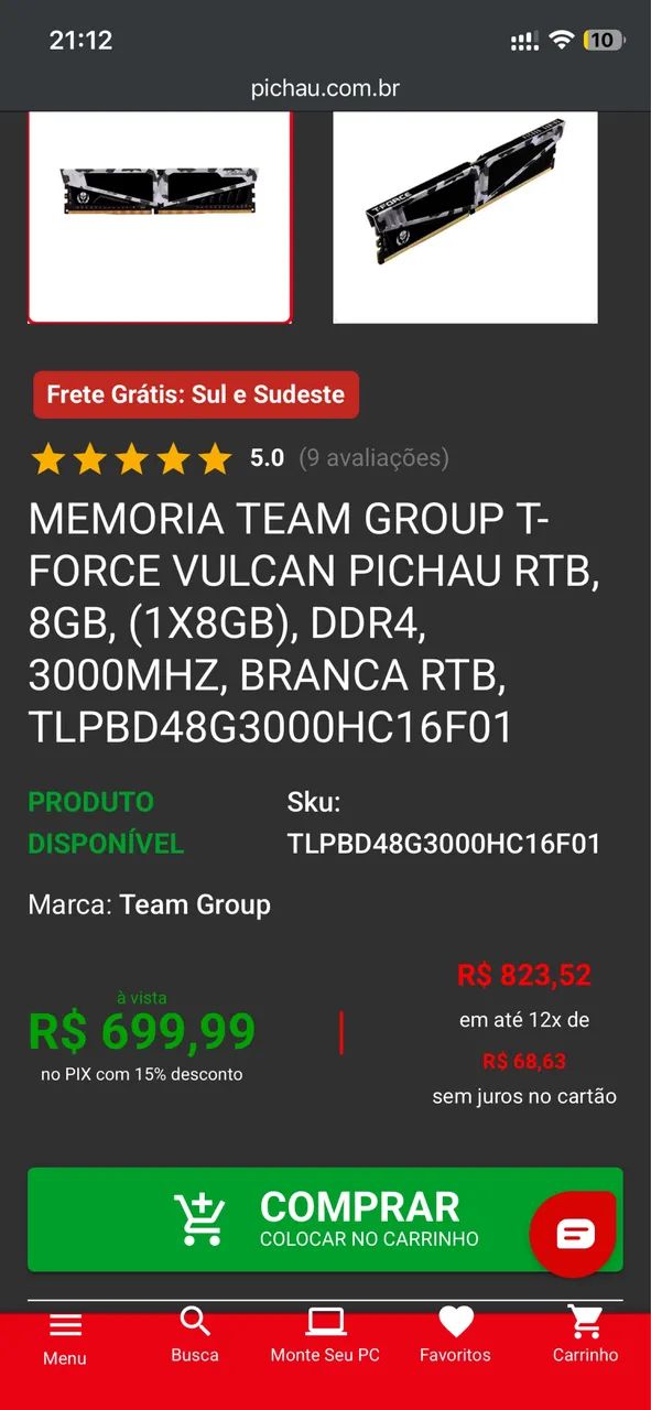 Memória ram vulcan 8gb 3000hz 