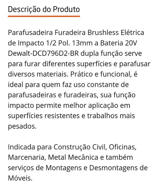Parafusadeira Furadeira de Impacto Brushless  XR 20V c 2 Baterias  - DEWALT-DCD796D2 - Foto 2