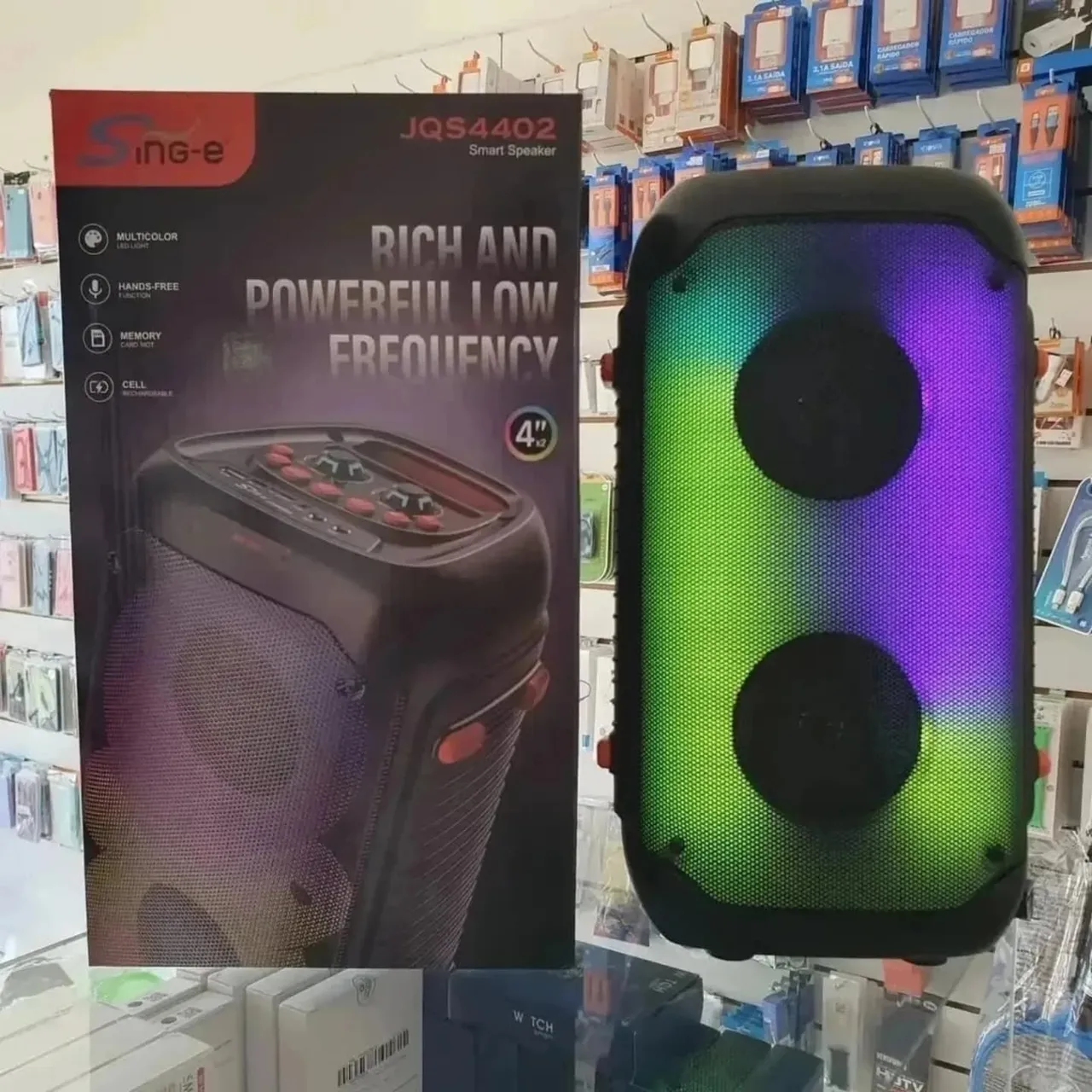 CAIXA DE SOM BLUETOOTH RECARREGÁVEL COM LED RGB ESTILO JBL.