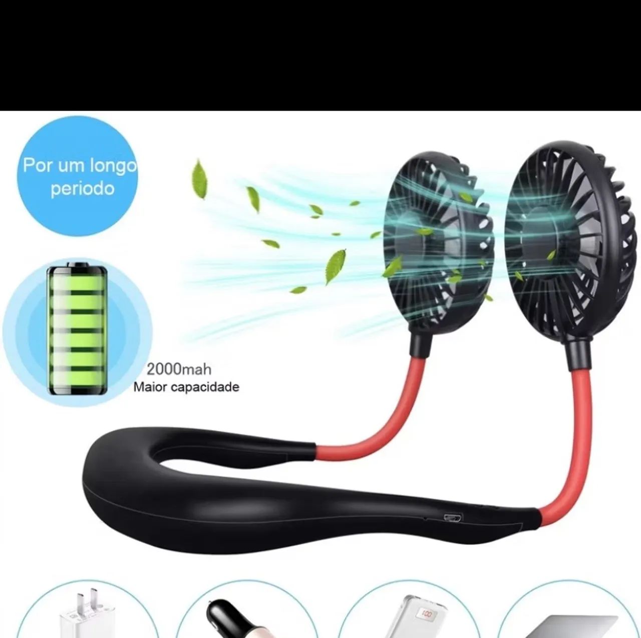 Mini ventilador portátil para pescoço, com 3 velocidades e 3 tipos de luz 