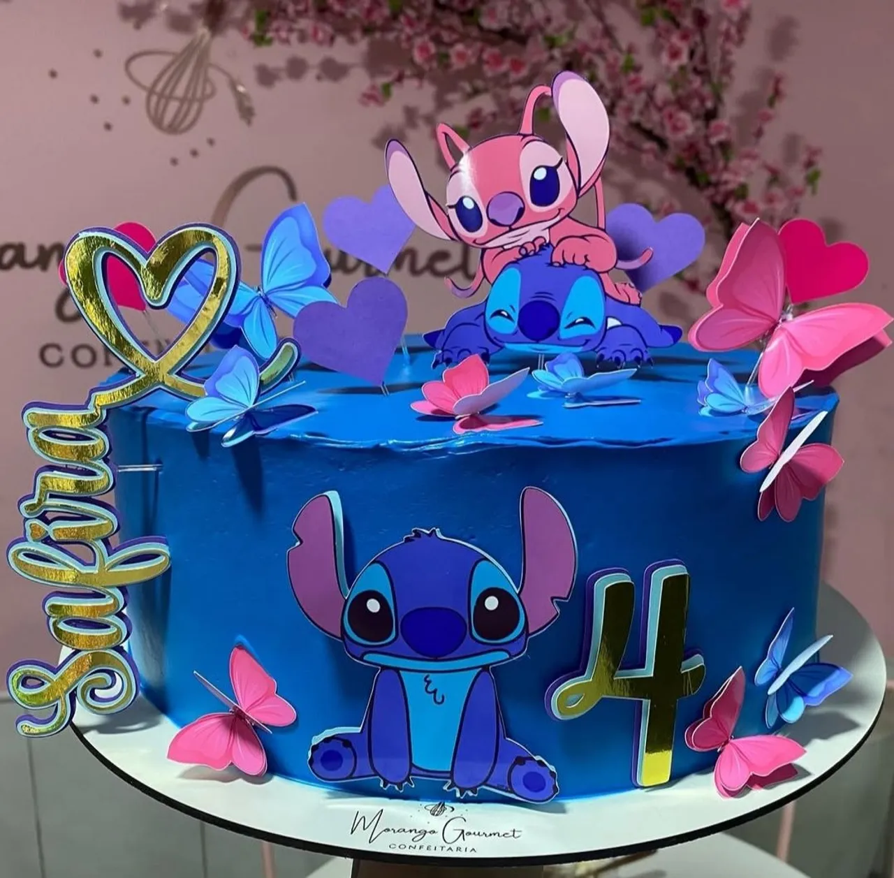 Topo de bolo Stitch e Angel personalizado