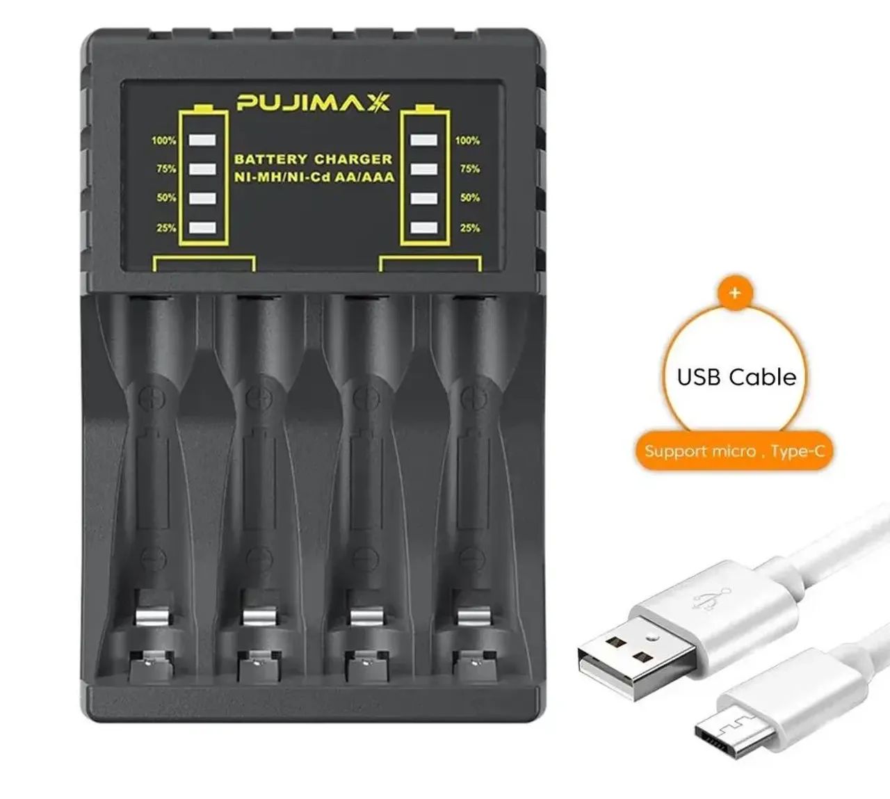 Carregador de pilhas, baterias recarregáveis AA/AAA com indicador LED 