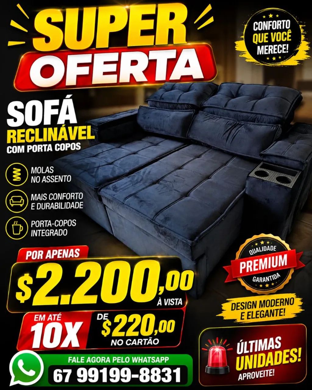 Oferta sofá reclinável em 10 X no cartão de crédito 