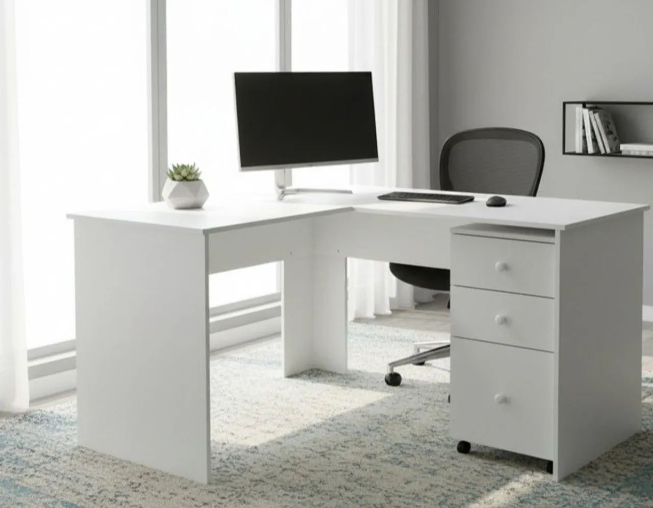 Mesa L com gaveteiro em mdf