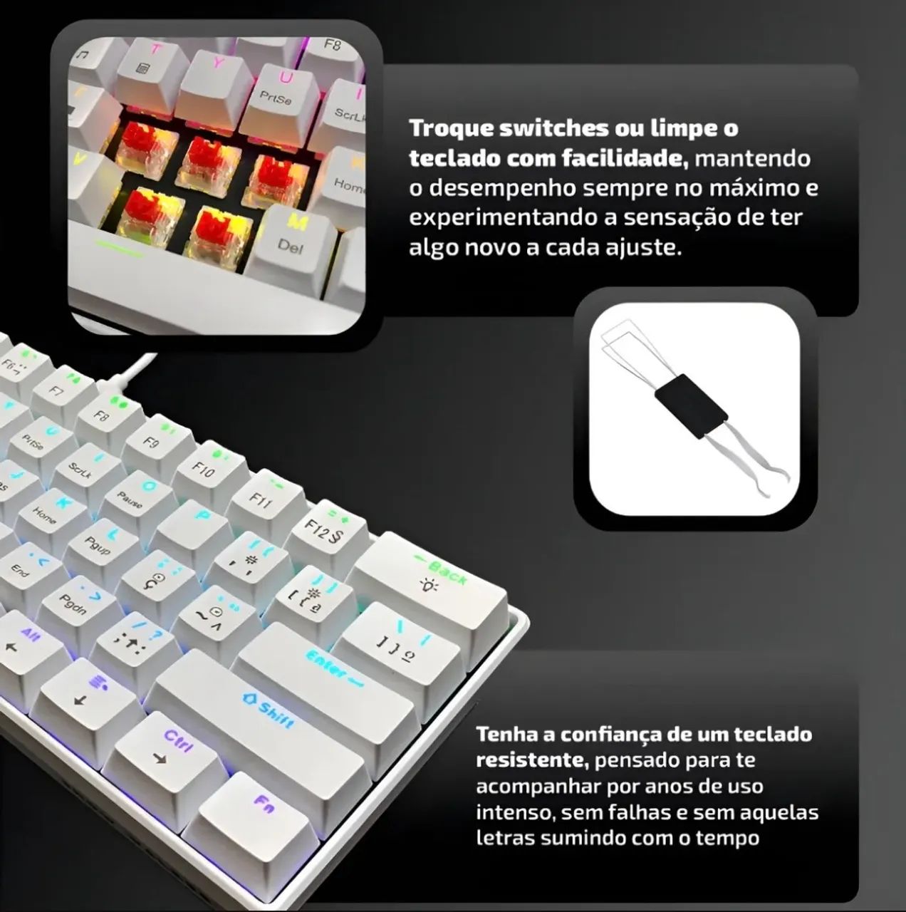 Teclado mecânico 60% Snow Walker Branco switches vermelhos branco português Brasil  - Foto 2