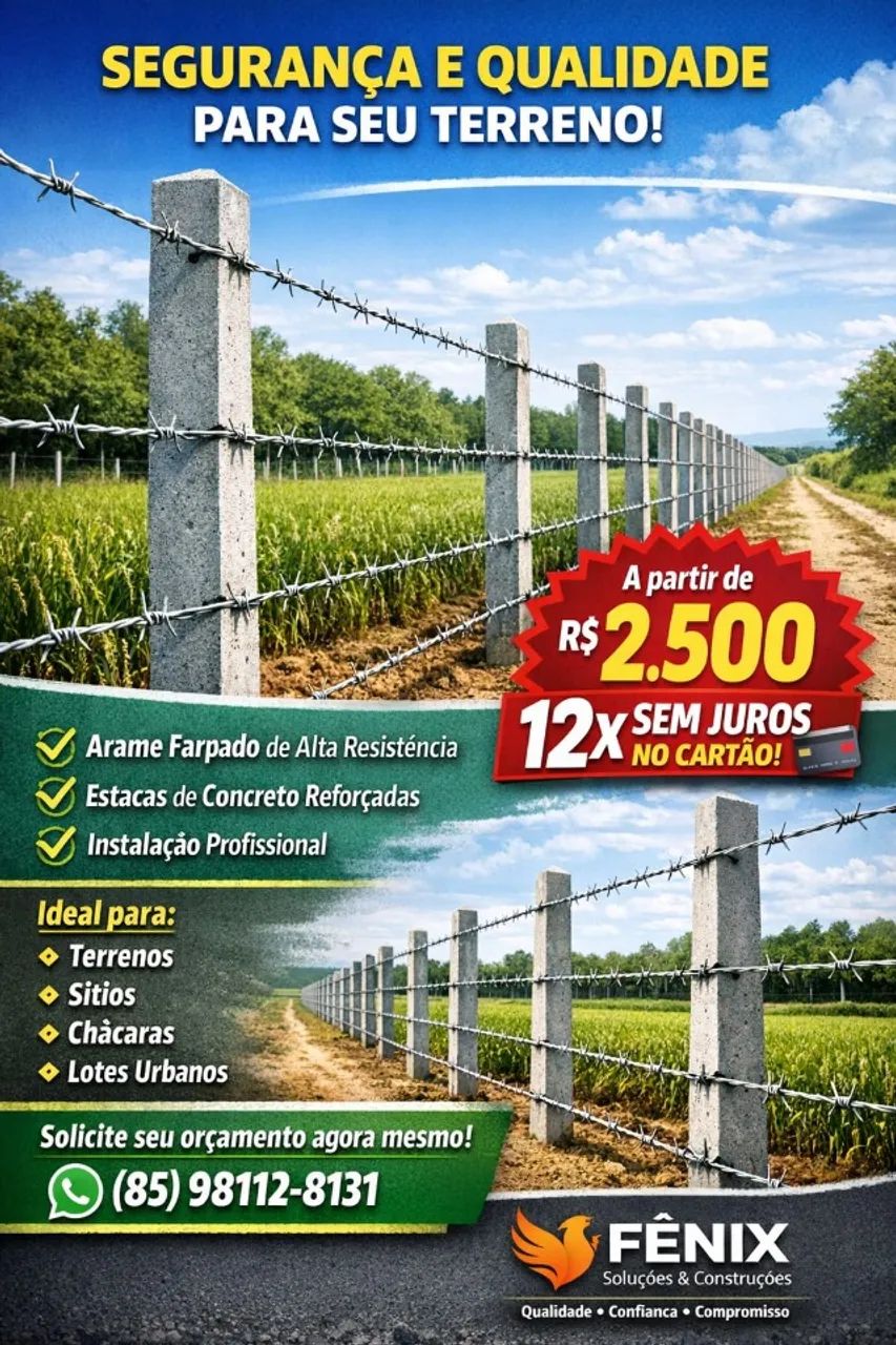 Cerca em Arame Farpado e Estacas de Concreto  (MATERIAL E MÃO DE OBRA)
