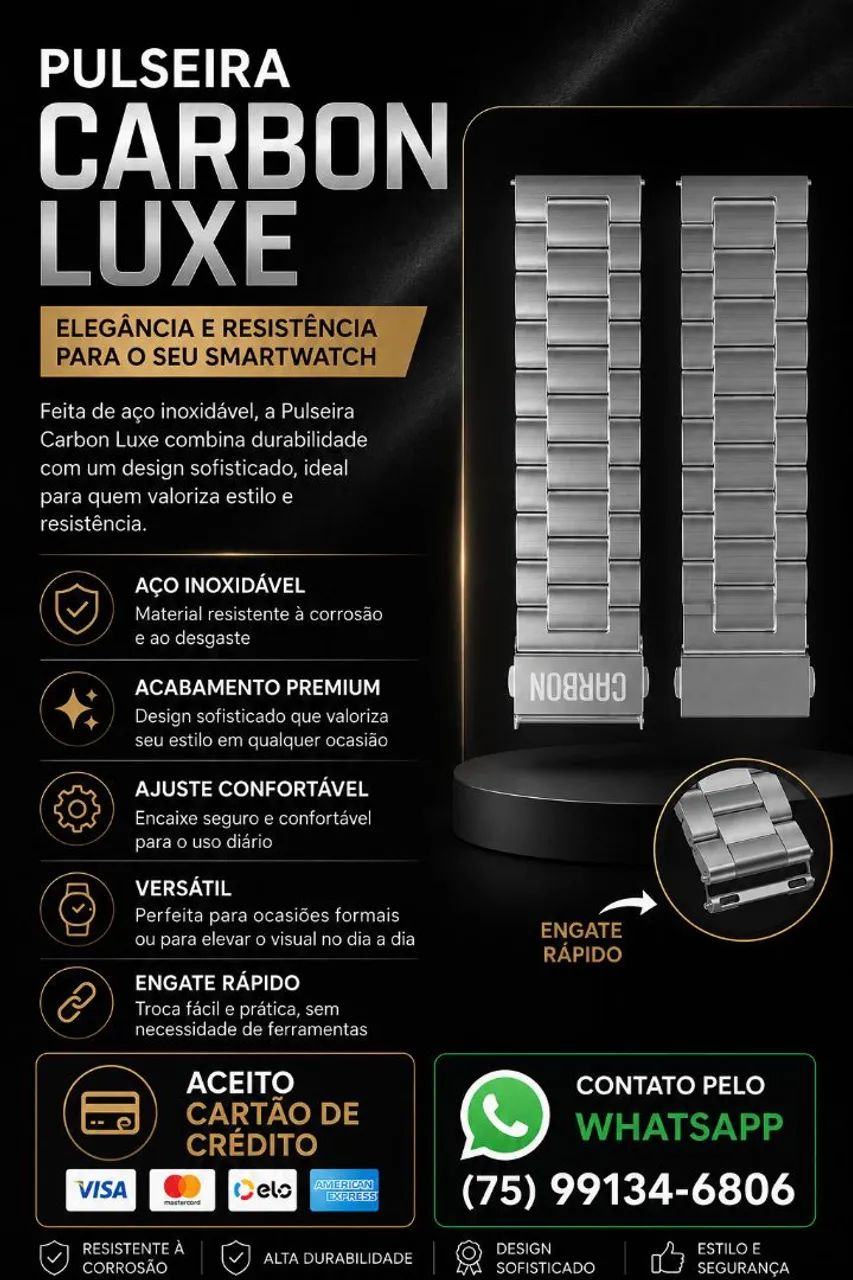 Pulseira para Smartwatch em aço Carbon Luxe