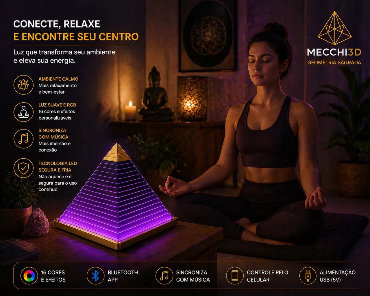 Pirâmide Decorativa com LED RGB Bluetooth | Geometria Sagrada - Foto 5