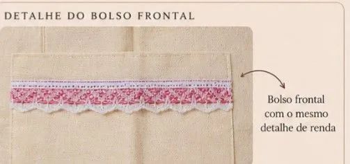 Ecobag Artesanal em Algodão Cru Creme com Renda Rosa e Bolso Frontal - Foto 5