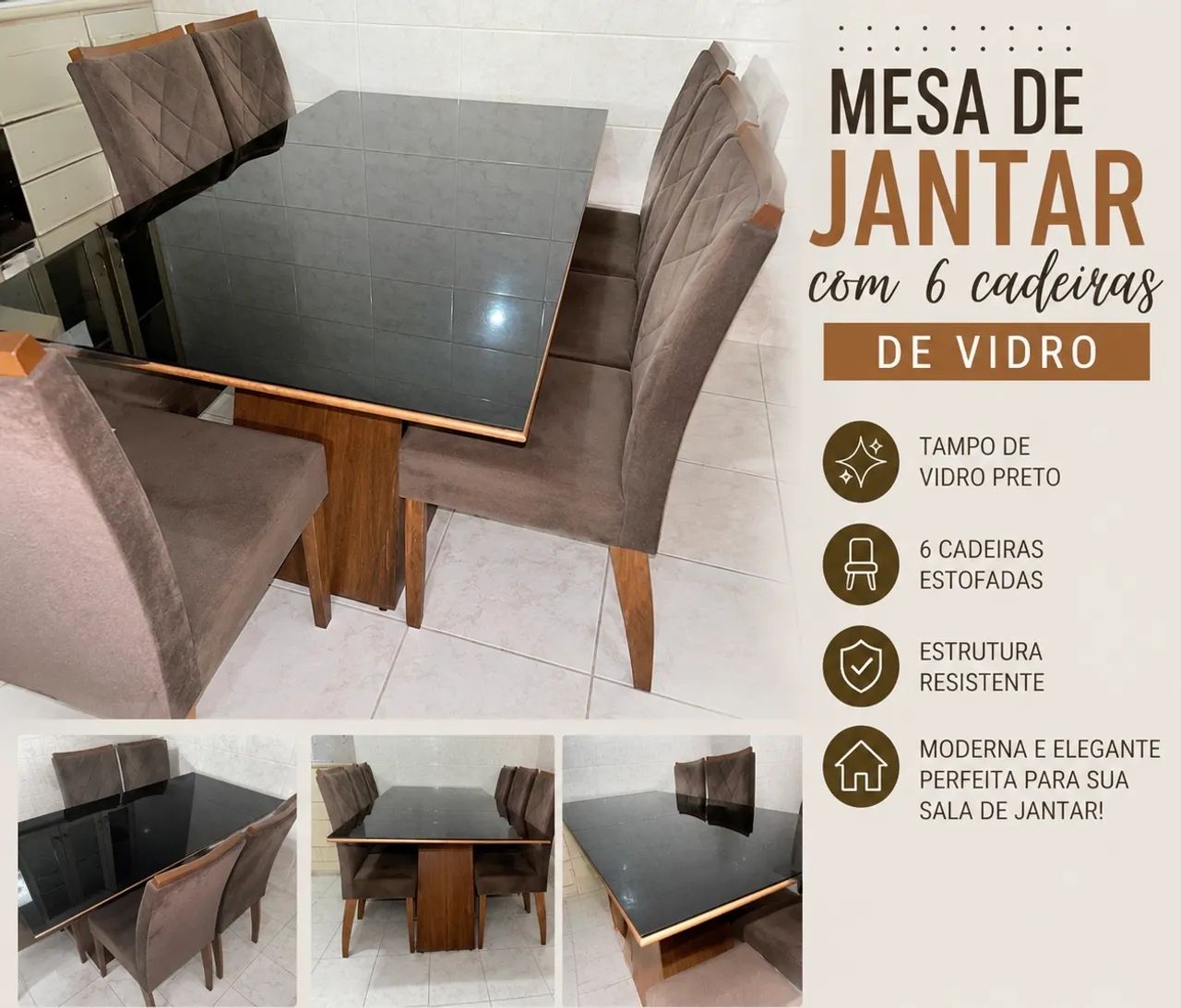 Mesa de Jantar com 6 Cadeiras - Vidro Preto