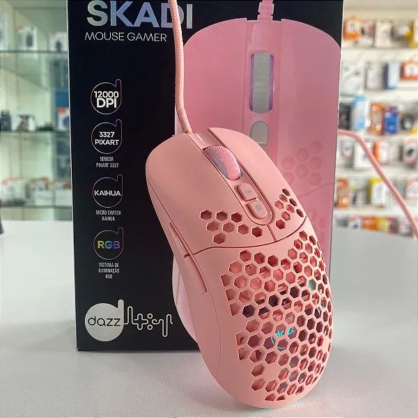 Mouse Gamer Com Fio 12.800 DPI, RGB, 7 Botões, Sensor 3327, Switch Kaihua, Rosa - Dazz 