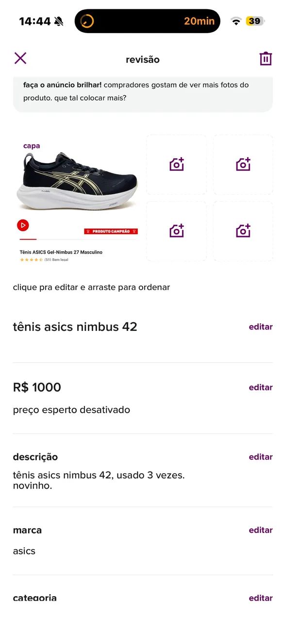 Tênis asics nimbus TAM 42