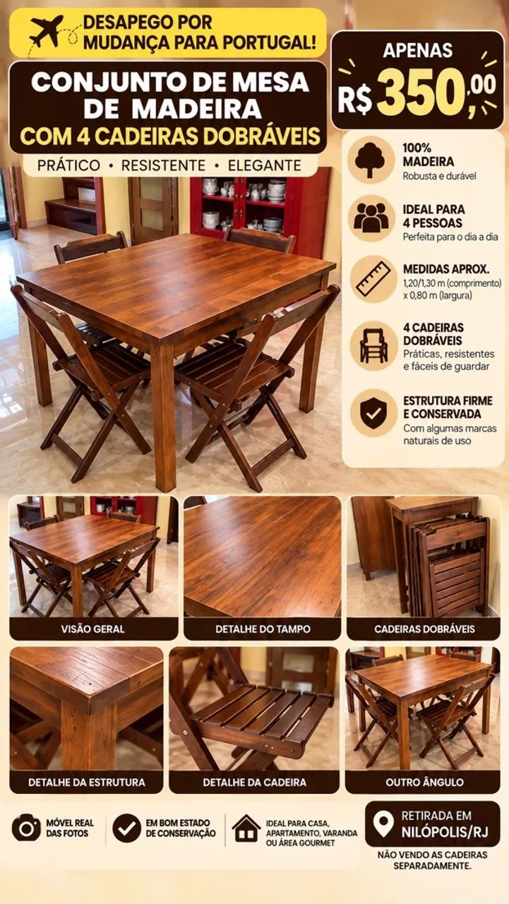 CONJUNTO DE MESA DE MADEIRA + 4 CADEIRAS