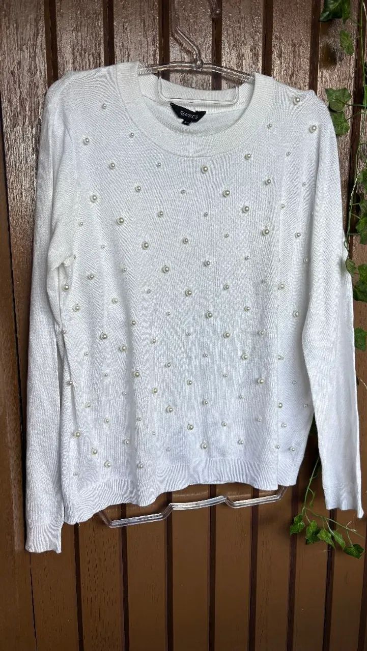blusa de tricô feminina branca com pérolas YSC - Foto 5