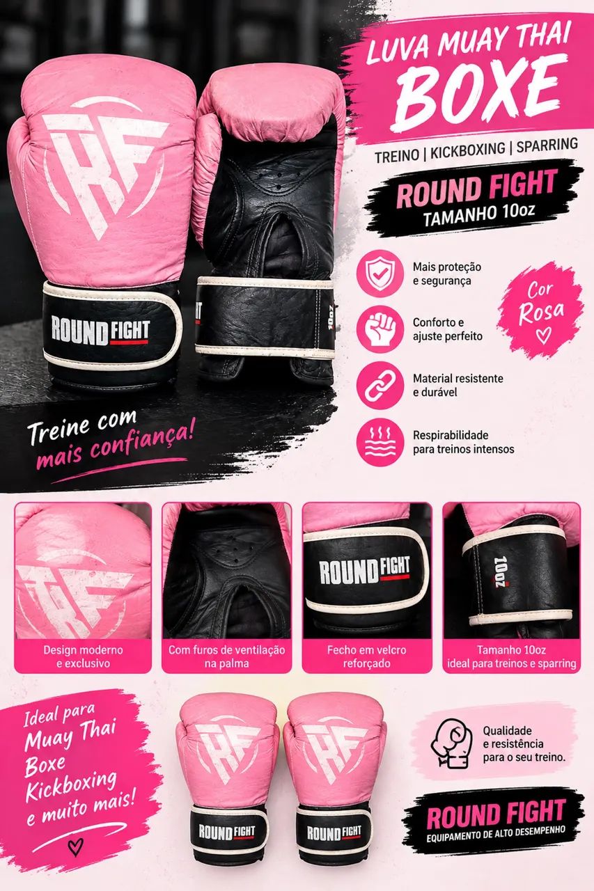 Luva de Boxe Muay Thai Round Fight 10oz Rosa