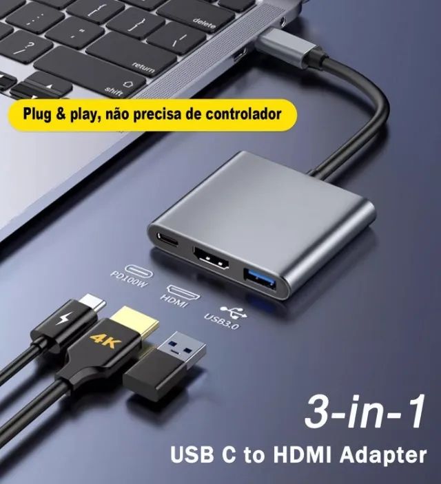 Conversor Tipo c para Hdmi usb 3.0 4k - 3 em 1 espelhar tela celular (Jk Eletrônicos) - Foto 3
