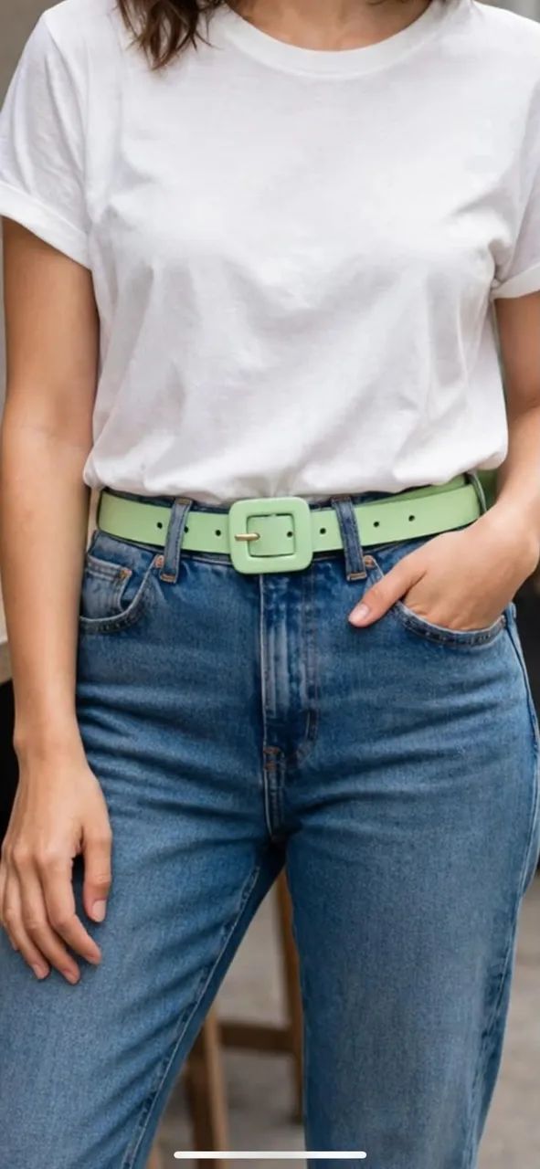 Cinto Fino Verde Menta - Fivela Quadrada 