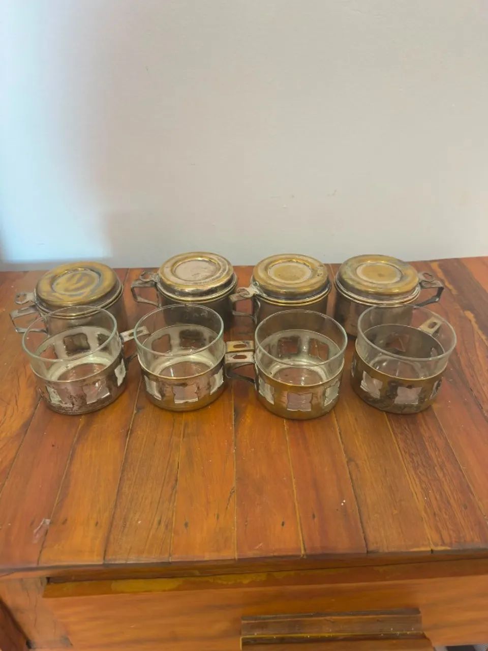Conjunto de 4 Rechauds Antigos em Metal com Base de Vidro - Foto 3