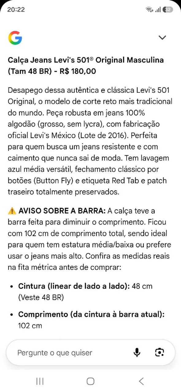 CALÇA JEANS LEVI'S 501 ORIGINAL MASCULINA N48 - Foto 5