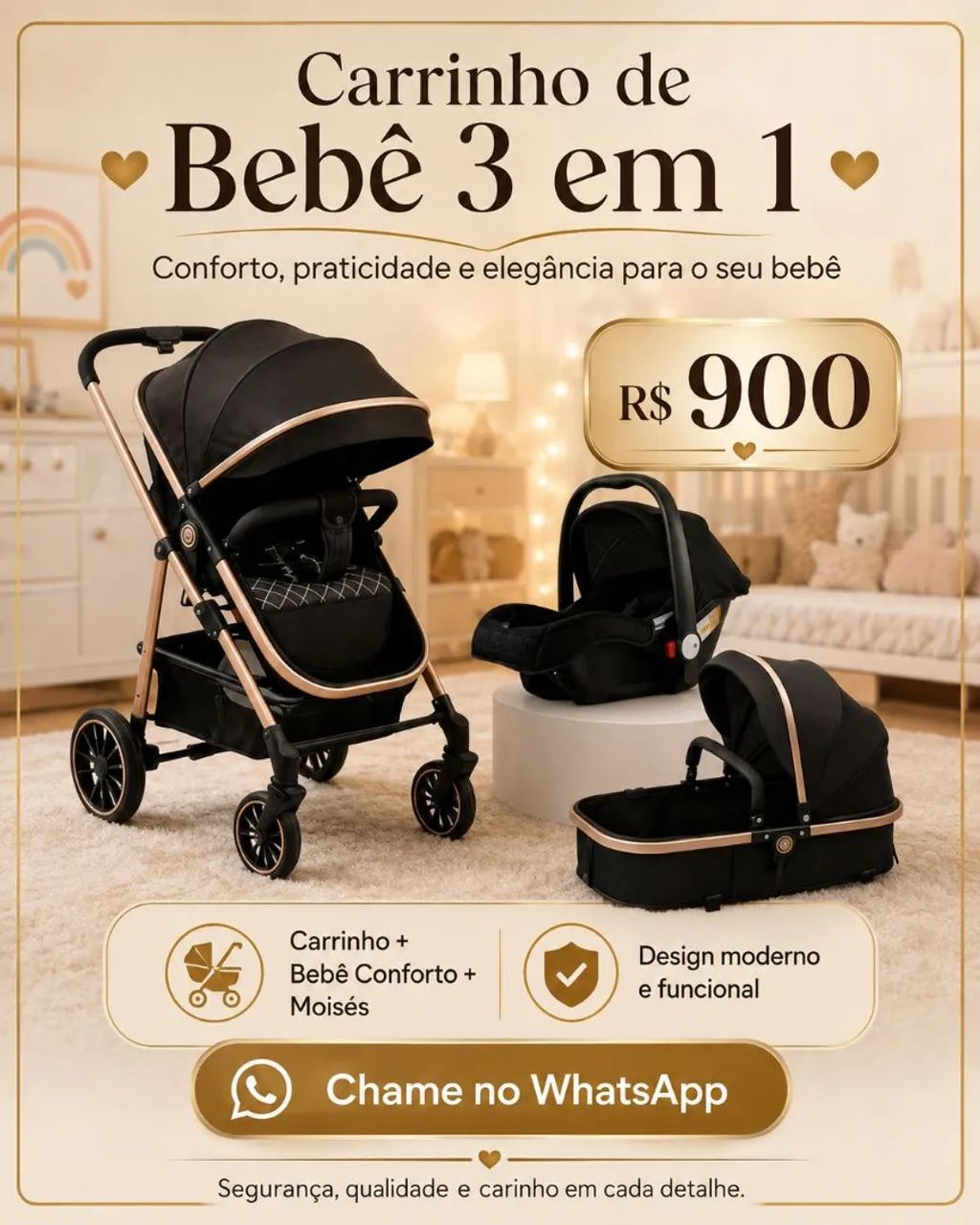 Carrinho de bebê 3 em 1 NOVO