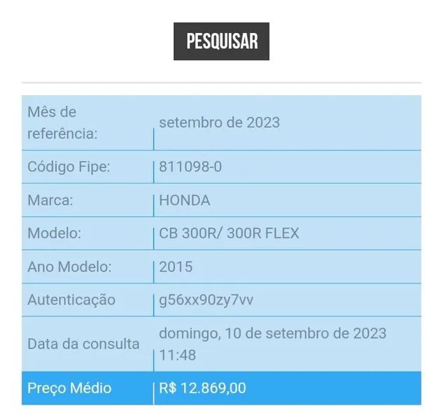 Tabela FIPE Código 811098-0 Honda CB 300R/ 300R FLEX