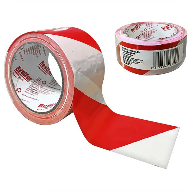 Fita Adesiva 50x100m Advertência Zebrada Branco e Vermelho
