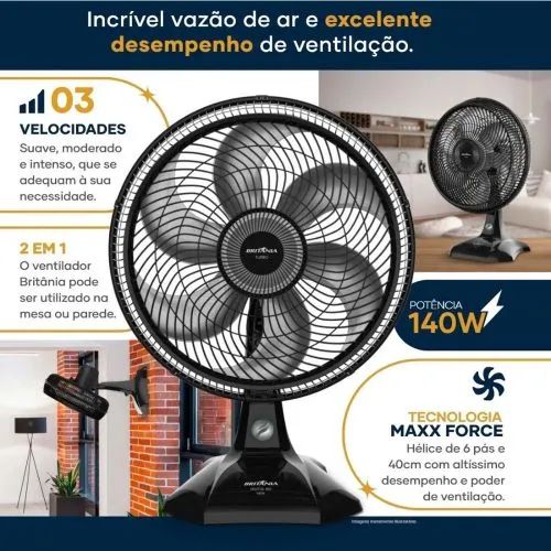Ventilador Britânia Maxx Force 140W - 3 Velocidades - Preto