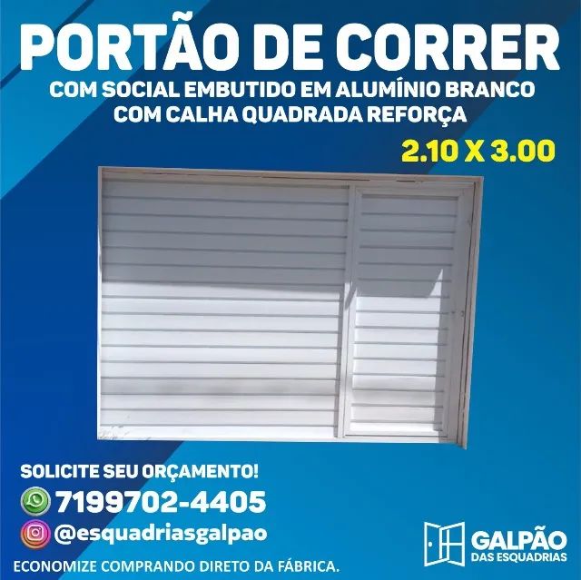 Portão de correr 100% alumínio anondizado, calhas reforçada, pintura eletrostática branca,