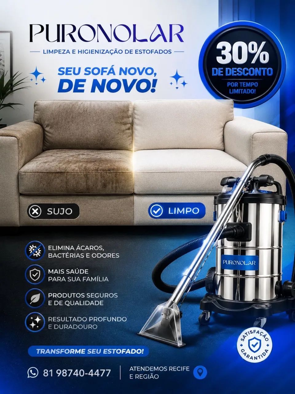 Limpeza de sofá 30% de desconto 