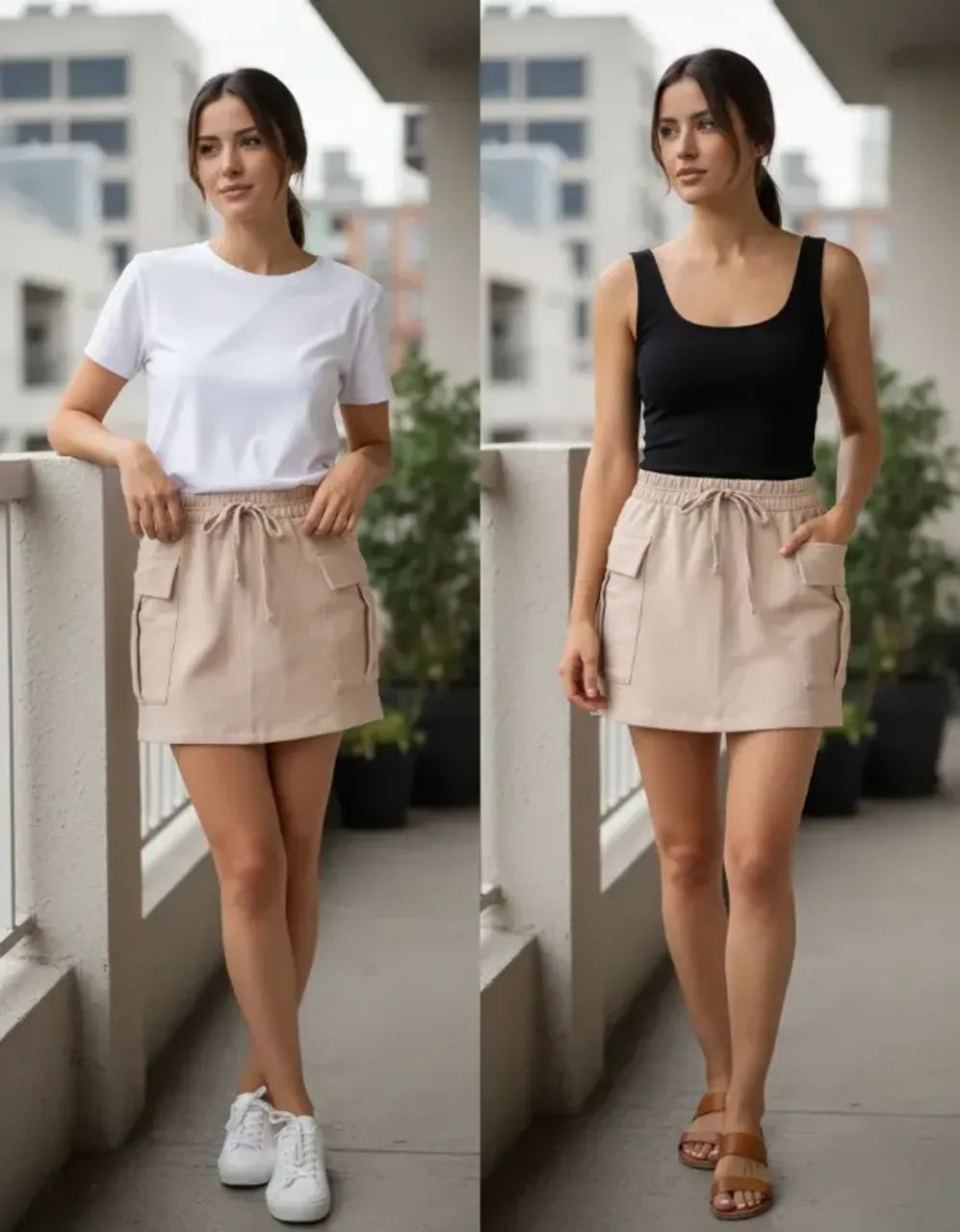 Saia cargo moletom feminina cintura alta com bolso