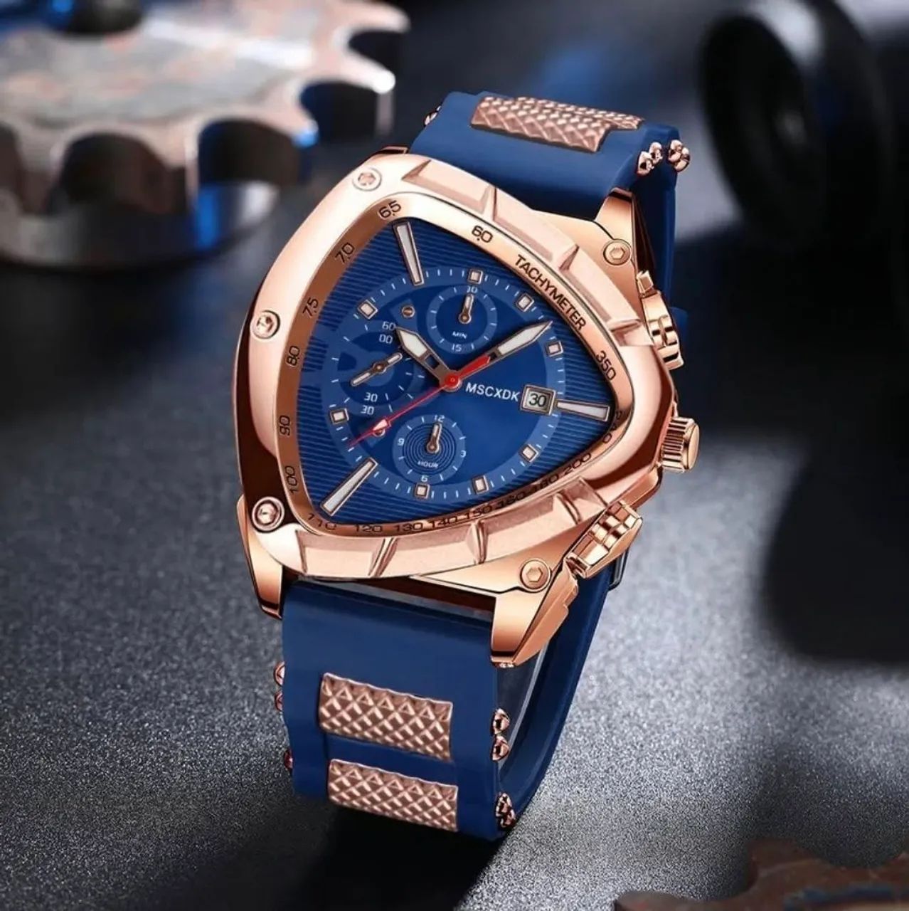 (NOVO) Relógio Triangular Elegante de Pulso - Azul e Bronze Rose - Pulseira de Silicone
