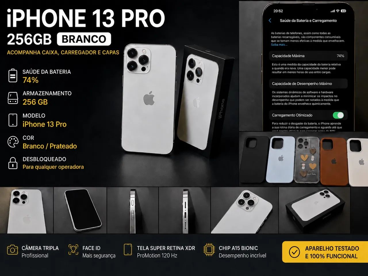iPhone 13 Pro 256GB Branco Bateria 74% + Caixa, Carregador e Capas