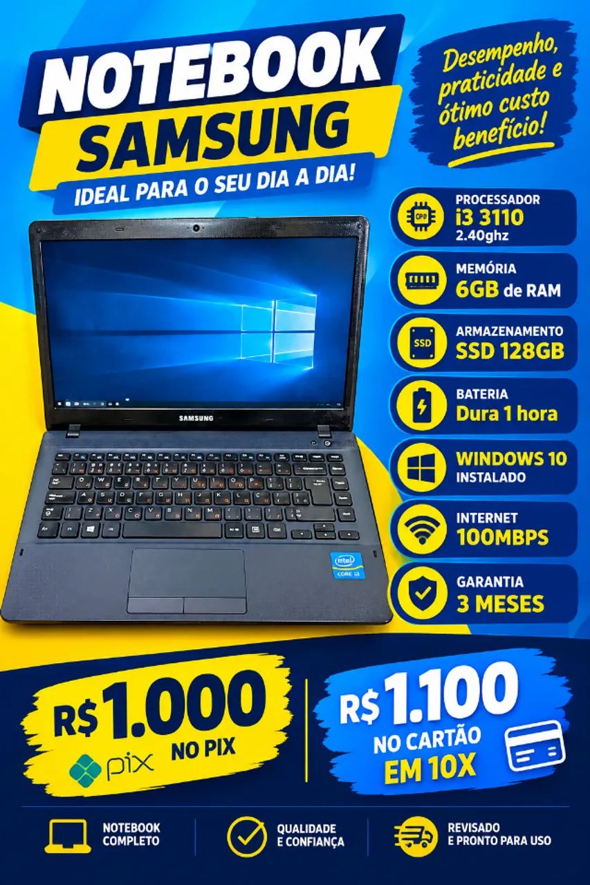 Notebook SAMSUNG i3 3110 + 6GB Ram + 128GB SSD - Com Garantia e Parcelado no cartão!!