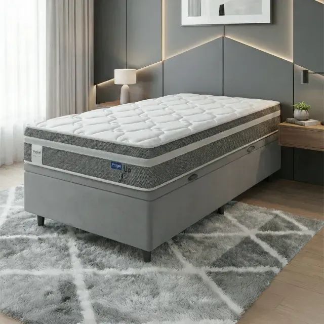 Cama Solteiro Completa com Colchão + Baú Box Suede Cinza