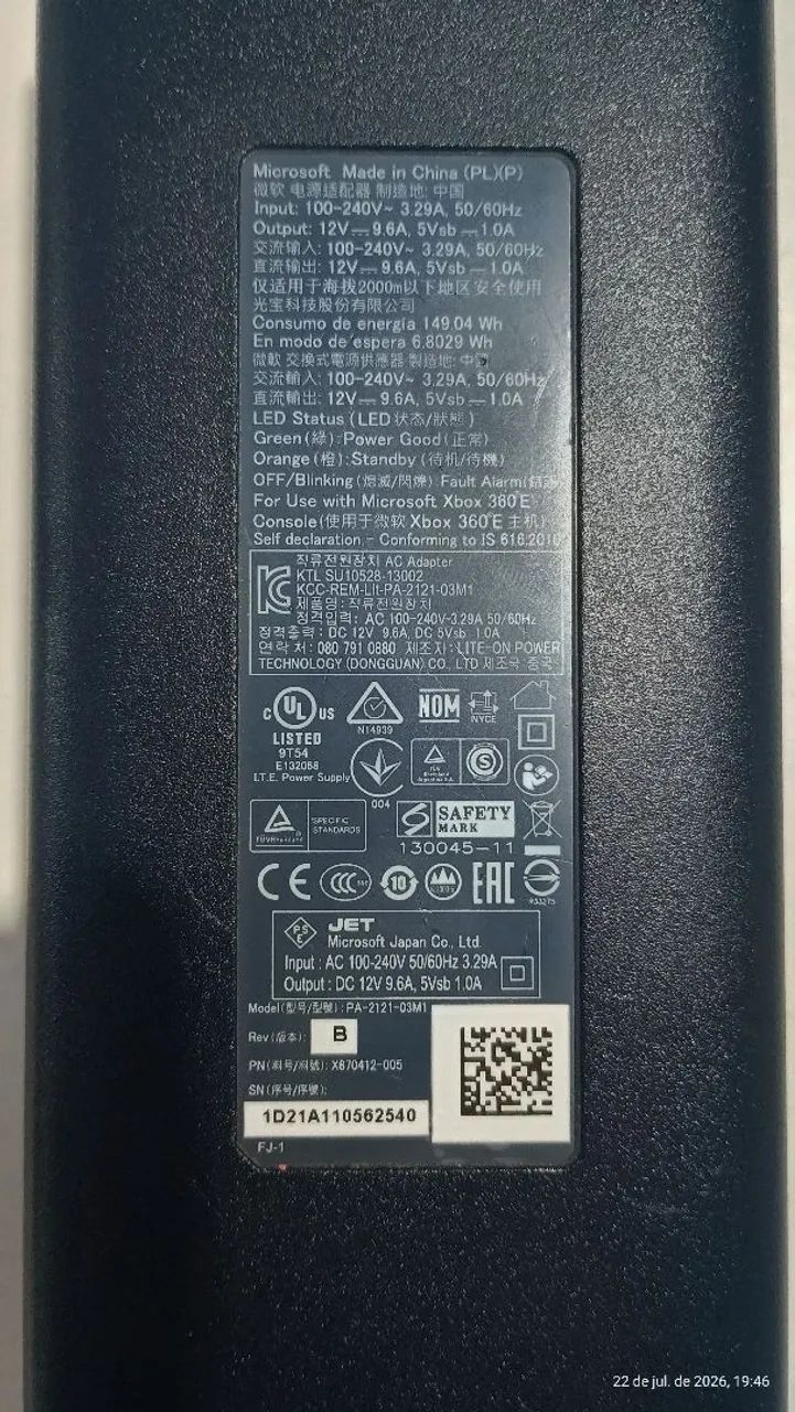 Fonte bivolt 1 pino original Xbox 360
