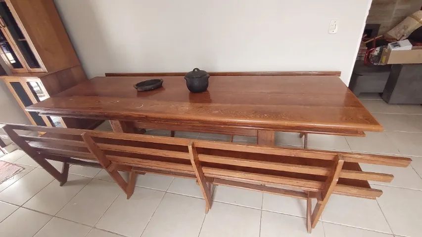 Conjunto Mesa Rústica em Madeira Maciça Angelim - com 4 Bancos - Foto 4